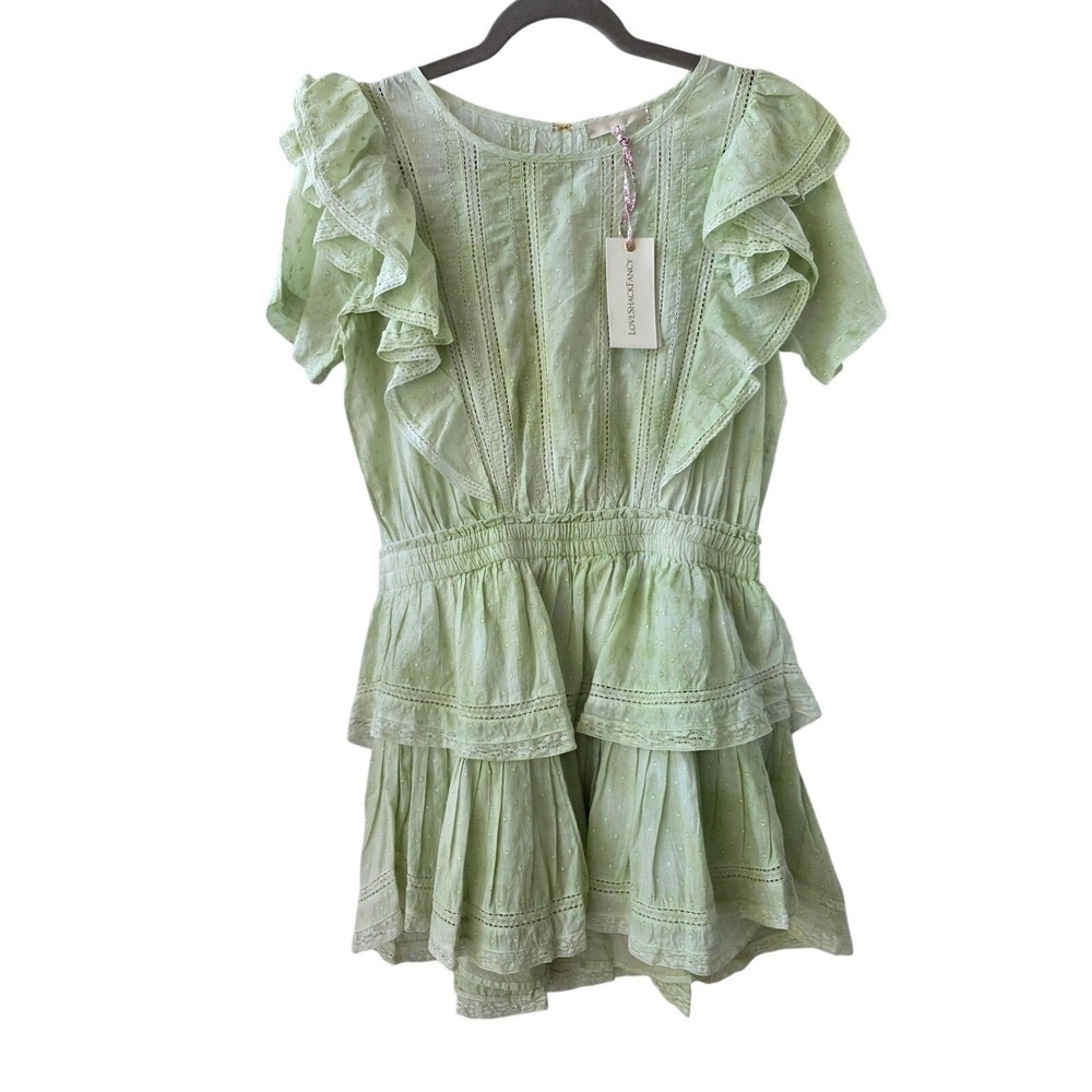 LoveShackFancy NATASHA Mini Dress Sz L Moss Ruffle Cottagecore Fairycore Regency